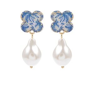 Floral Printed Clover & Pearl Drop Earrings